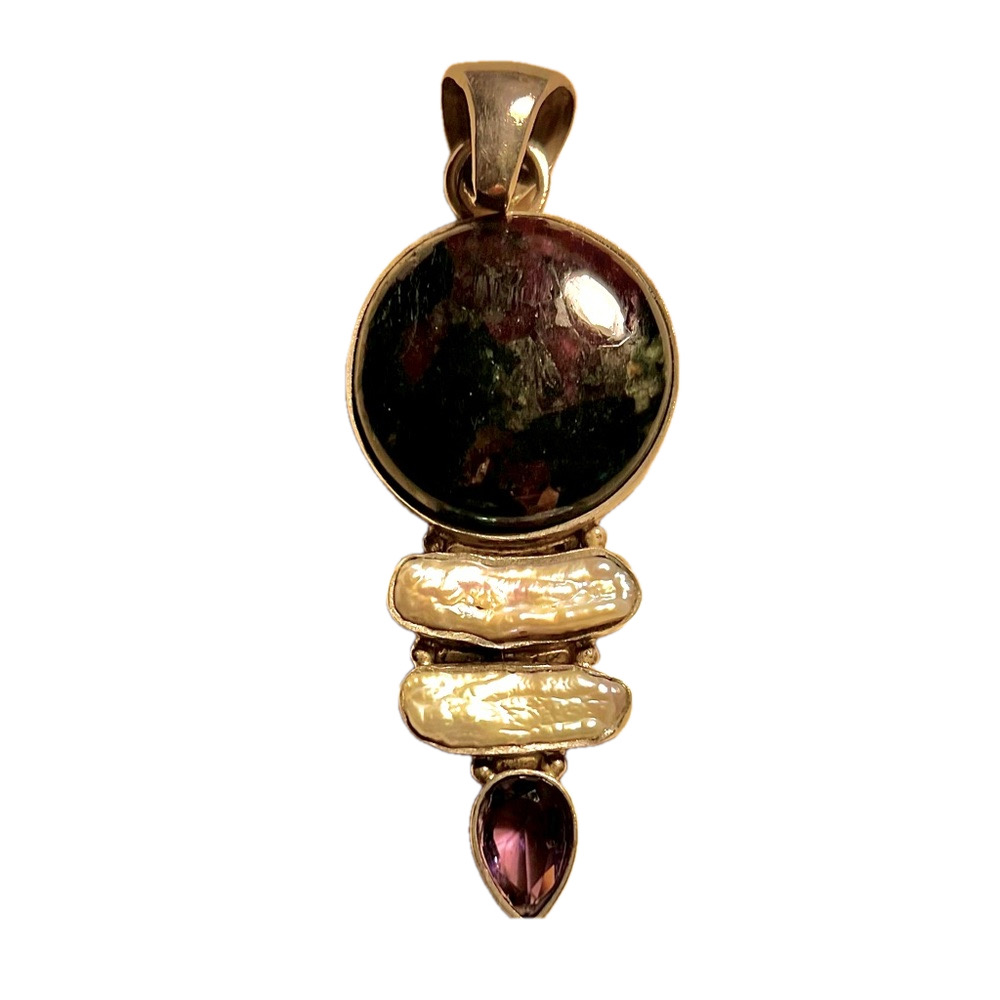 Rare Crystal LARGE pendant- Sugilite, Biwa Pearl & Amethyst almost 3” in length.